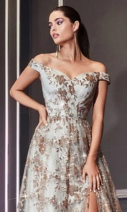 Cinderella Divine - CB069 Embellished Print Off Shoulder Gown
