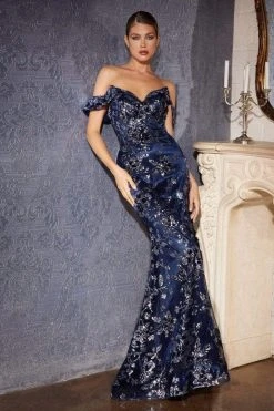 Cinderella Divine - CB074 Off Shoulder Glittery Floral Gown