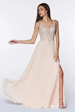 Cinderella Divine - CD0133 Sleeveless V Neck Lace Bodice Chiffon Gown
