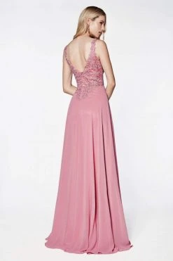 Cinderella Divine - CD0133 Sleeveless V Neck Lace Bodice Chiffon Gown