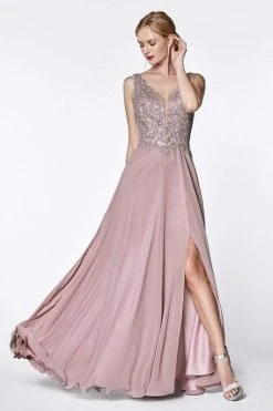 Cinderella Divine - CD0133 Sleeveless V Neck Lace Bodice Chiffon Gown