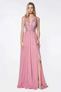 Cinderella Divine - CD0133 Sleeveless V Neck Lace Bodice Chiffon Gown
