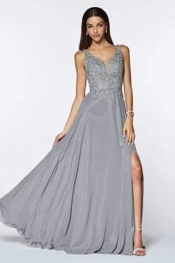 Cinderella Divine - CD0133 Sleeveless V Neck Lace Bodice Chiffon Gown