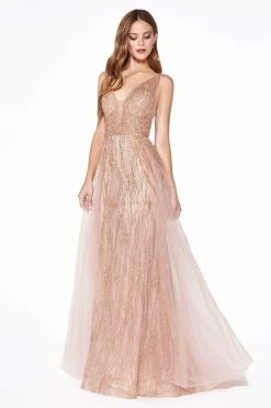 Cinderella Divine - CD0152 Deep V-neck Glitter Tulle A-line Dress