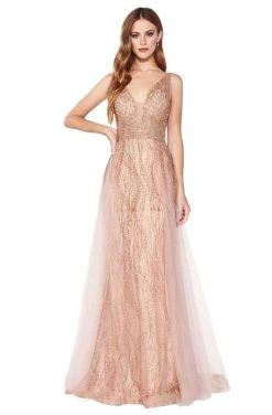 Cinderella Divine - CD0152 Deep V-neck Glitter Tulle A-line Dress