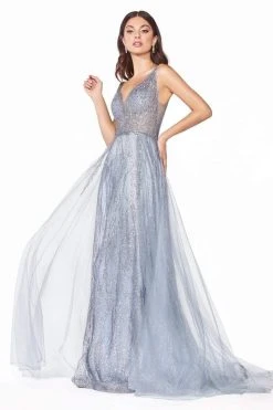 Cinderella Divine - CD0152 Deep V-neck Glitter Tulle A-line Dress