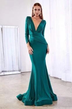 Cinderella Divine - CD0168 Plunging V-Neck Long Sleeve Mermaid Gown