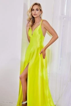 Cinderella Divine - CD903 Deep V-neck Satin A-line Gown
