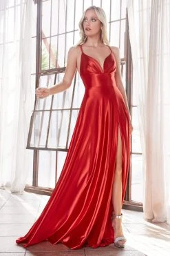 Cinderella Divine - CD903 Deep V-neck Satin A-line Gown