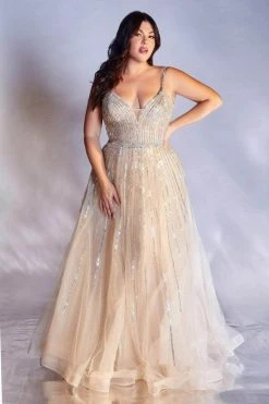 Cinderella Divine - CD940C Plunging V Neck A-Line Gown