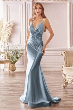 Cinderella Divine - CH236 Open Back Ruched Satin Evening Gown 39 Cinderella Divine - CH236 Open Back Ruched Satin Evening Gown