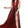 Cinderella Divine - CJ529 Deep V Neck High Slit Metallic Pleated Gown