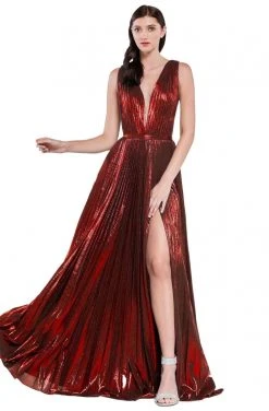 Cinderella Divine - CJ529 Deep V Neck High Slit Metallic Pleated Gown