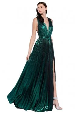 Cinderella Divine - CJ529 Deep V Neck High Slit Metallic Pleated Gown