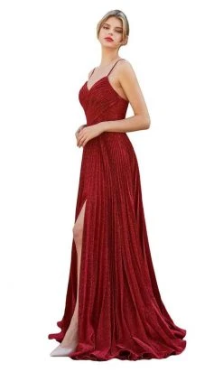 Cinderella Divine - CJ534 Long Pleated Metallic High Slit Dress