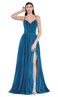 Cinderella Divine - CJ534 Long Pleated Metallic High Slit Dress