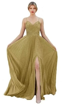 Cinderella Divine - CJ534 Long Pleated Metallic High Slit Dress