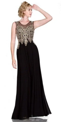 Cinderella Divine - Jeweled Metallic Lace Illusion A-Line Evening Gown