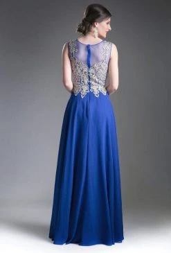 Cinderella Divine - Jeweled Metallic Lace Illusion A-Line Evening Gown
