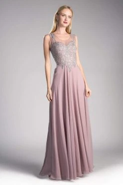 Cinderella Divine - Jeweled Metallic Lace Illusion A-Line Evening Gown