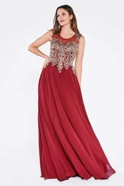 Cinderella Divine - Jeweled Metallic Lace Illusion A-Line Evening Gown