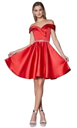 Cinderella Divine - Off-Shoulder Satin Finish A-Line Cocktail Dress CD0140SC - 1 Pc Champagne In Size M Available