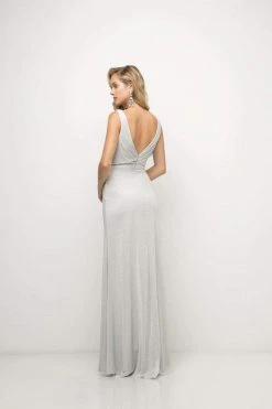 Cinderella Divine - Ruched V-neck Shimmer Fabric Sheath Dress