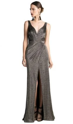 Cinderella Divine - Ruched V-neck Shimmer Fabric Sheath Dress
