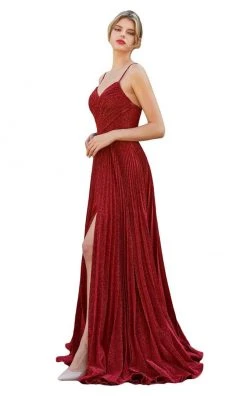 Cinderella Divine - V Neck Pleated Metallic A-Line Dress CJ534 - 1 Pc Mauve In Size 6 Available