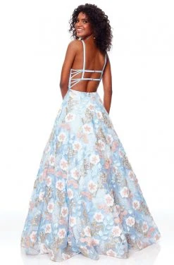 Clarisse - 3700 Embroidered Deep V-neck A-line Dress