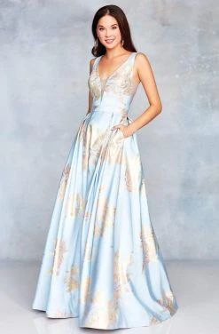 Clarisse - 3703 Deep V-neck Brocade A-line Dress