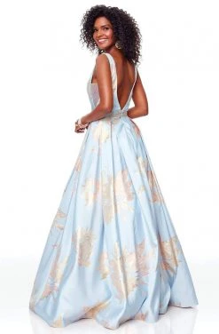 Clarisse - 3703 Deep V-neck Brocade A-line Dress