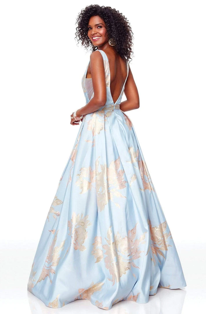 Clarisse - 3703 Deep V-neck Brocade A-line Dress 4 Clarisse - 3703 Deep V-neck Brocade A-line Dress