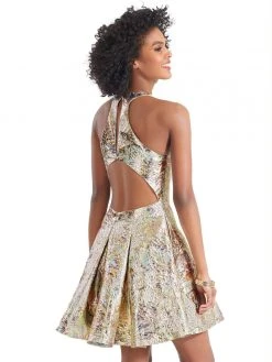 Clarisse - 3903 V-neck Metallic Brocade Pleated A-line Dress