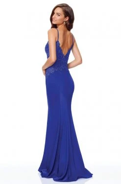 Clarisse - 5003 Lace Deep V-neck Stretch Satin Mermaid Dress
