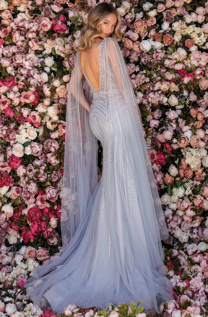 Clarisse - 5157 Sexy V-Neck Caped Bejeweled Trumpet Dress 4 Clarisse - 5157 Sexy V-Neck Caped Bejeweled Trumpet Dress