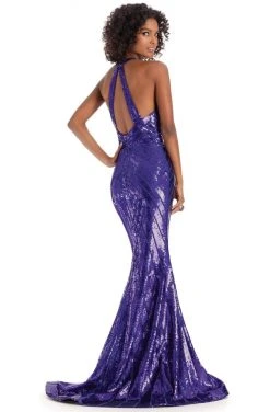 Clarisse - 8004 Halter Neck Chevron Sequined Mermaid Gown
