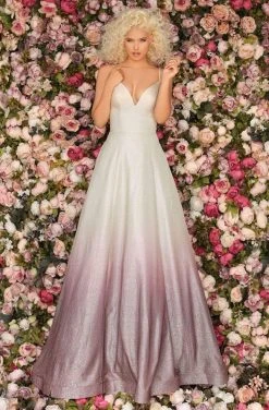 Clarisse - 8233 Deep V-neck Glitter Ombre A-line Dress