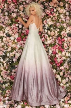 Clarisse - 8233 Deep V-neck Glitter Ombre A-line Dress