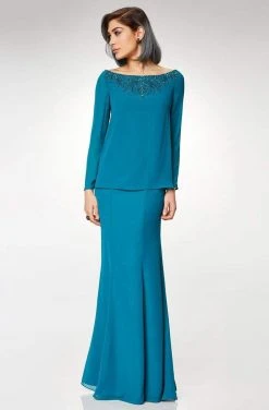 Clarisse - M6538 Beaded Embellished Neckline Long Sleeve Formal Dress