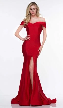 Colors Dress - 2107 Off Shoulder Front Slit Satin Mermaid Gown