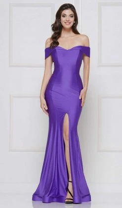 Colors Dress - 2107 Off Shoulder Front Slit Satin Mermaid Gown