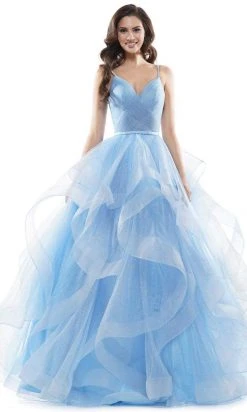 Colors Dress - 2381 V Neck Glitter Mesh Ballgown