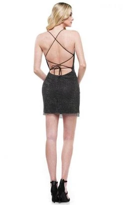 Colors Dress 2424 - Lace Up Back Mesh Cocktail Dress