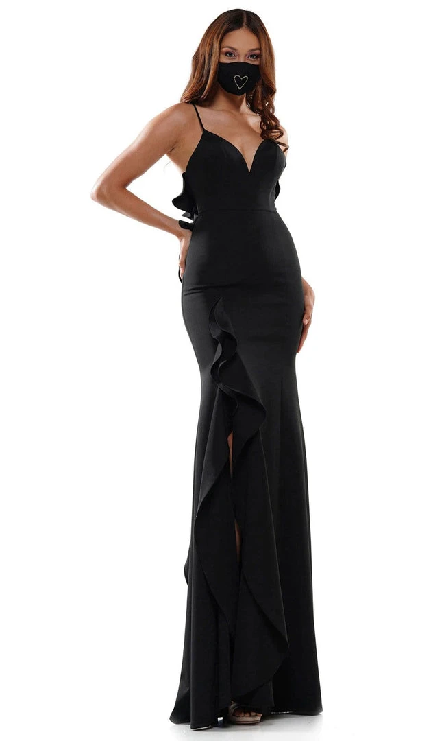 Colors Dress - 2646 Sweetheart Bodice Ruffle Trim High Slit Gown 5 Colors Dress - 2646 Sweetheart Bodice Ruffle Trim High Slit Gown