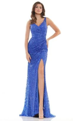 Colors Dress - G1074 V-Neck Ruched Sequin Dress