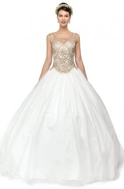 Dancing Queen - 1101 Gold Embroidered Illusion Neck Formal Ball Gown