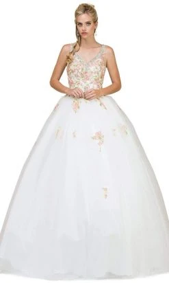 Dancing Queen - 1187 Floral Applique V-neck Quinceanera Ballgown