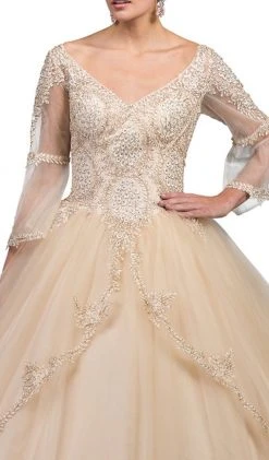 Dancing Queen - 1247 Sheer Trumpet Sleeve Wide V-neck Quinceanera Ballgown