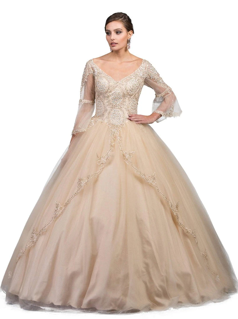 Dancing Queen - 1247 Sheer Trumpet Sleeve Wide V-neck Quinceanera Ballgown 3 Dancing Queen - 1247 Sheer Trumpet Sleeve Wide V-neck Quinceanera Ballgown